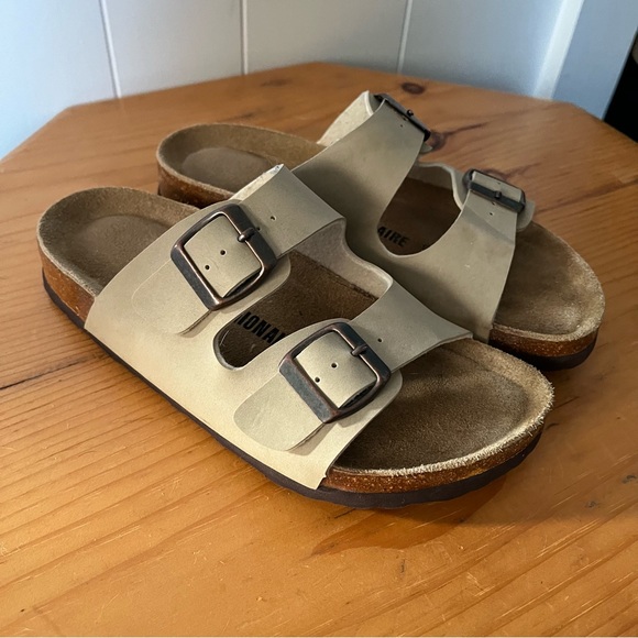 Cushionaire Shoes - Cushionaire Lane Cork Footbed Sandals Slip On Two Strap Buckle Stone Tan Comfy